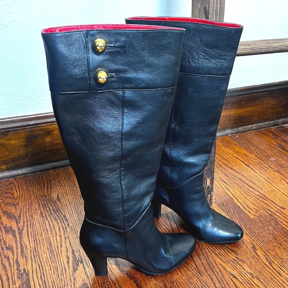 Kate Spade New York Shoes - Kate Spade New York Black Leather Tall Boots Gold Button Red Lining 8M Brazil